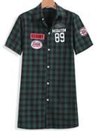 Romwe Lapel Short Sleeve Plaid Green Blouse