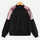 Romwe Raglan Sleeve Contrast Sequin Zipper Jacket