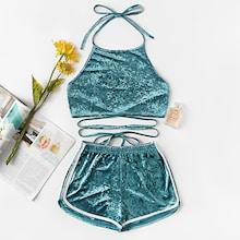 Romwe Halter Velvet Top With Elastic Waist Shorts