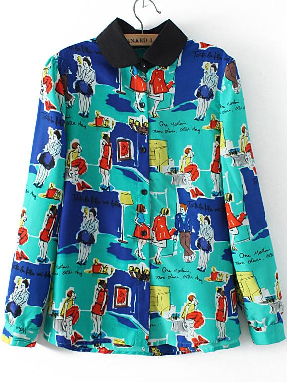 Romwe Contrast Collar Character Print Blouse