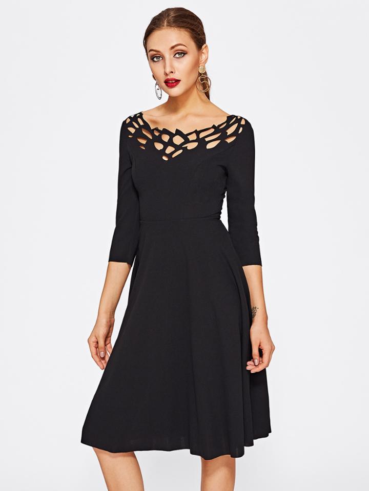 Romwe Laser Cut Neck Fit & Flare Dress