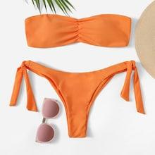Romwe Ruched Bandeau With Tie Side Bikini Set