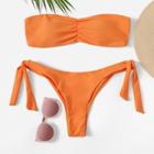 Romwe Ruched Bandeau With Tie Side Bikini Set