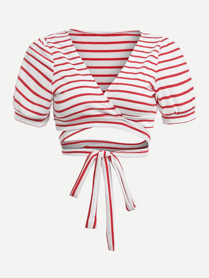 Romwe V Neckline Knot Detail Striped Crop Tee