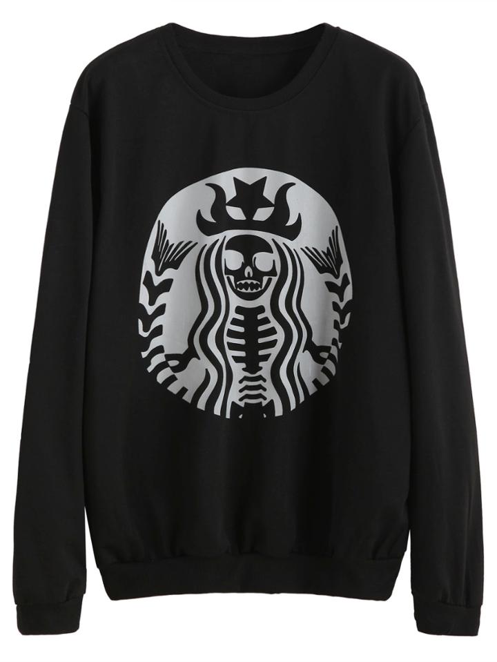 Romwe Black Printed Casual Sweatshirt