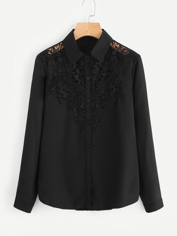 Romwe Hollow Out Crochet Panel Shirt