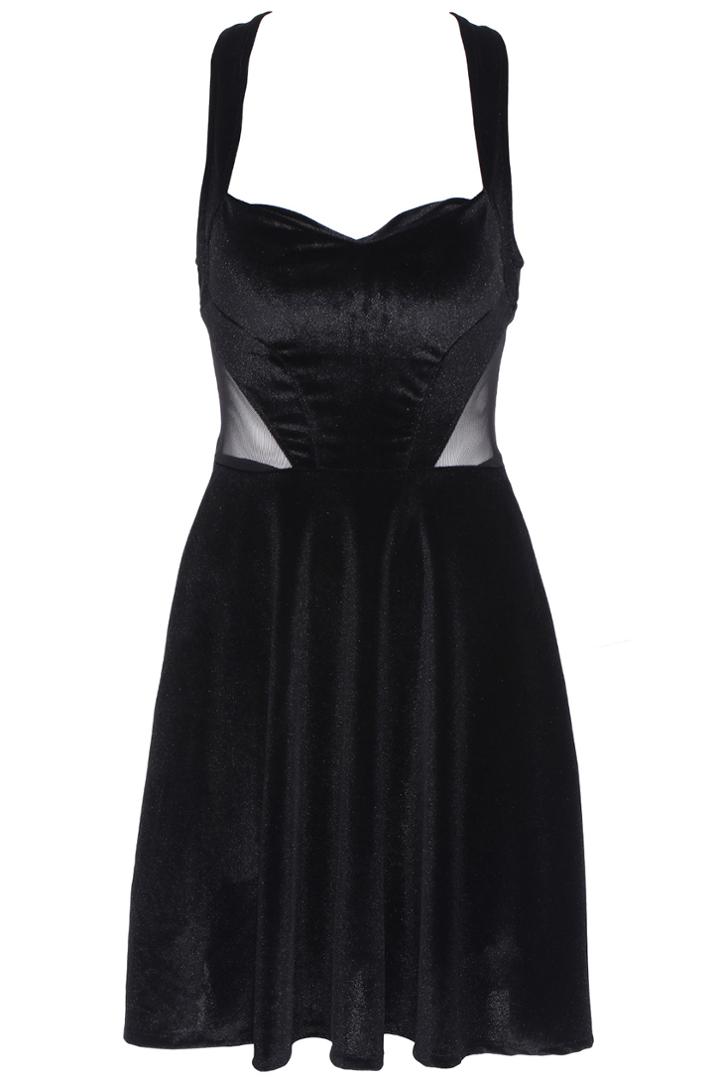 Romwe Mesh Pannel A-line Pleated Black Dress