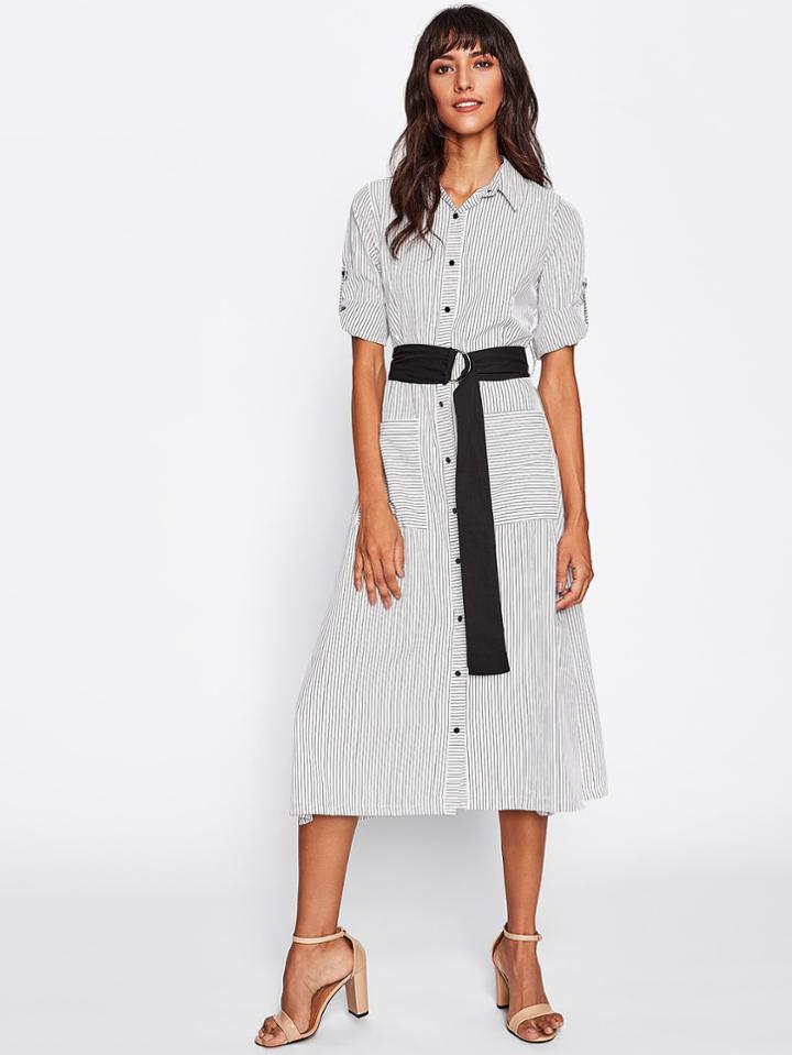 Romwe Roll-up Sleeve Pinstripe Shirt Dress With Belt