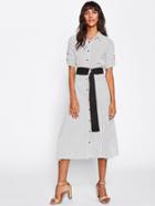 Romwe Roll-up Sleeve Pinstripe Shirt Dress With Belt
