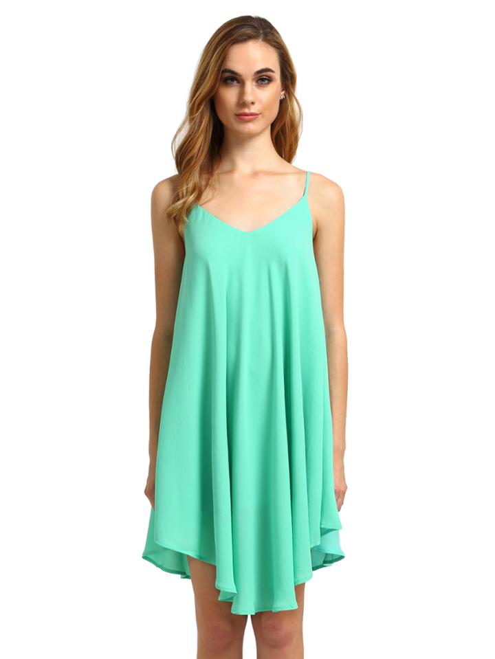 Romwe Green Spaghetti Strap Asymmetrical Shift Dress Sundresses