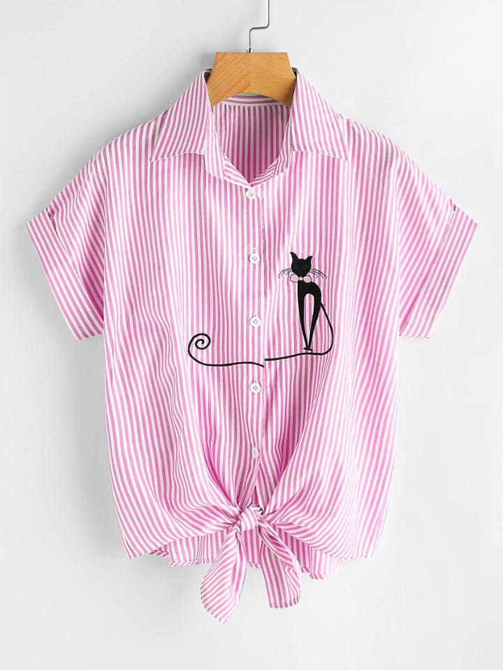 Romwe Cat Embroidered Cuffed Tie Hem Vertical Striped Shirt