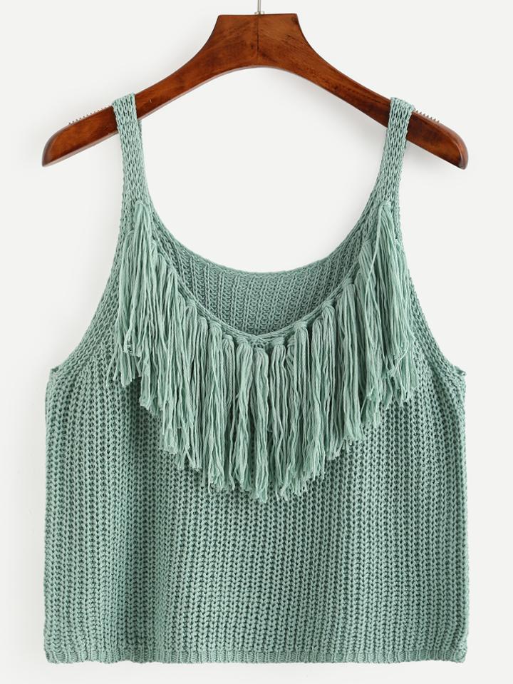 Romwe Green Knitted Fringe Cami Top
