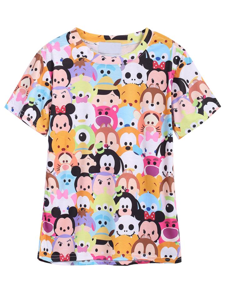 Romwe Cartoon Print Multicolor T-shirt