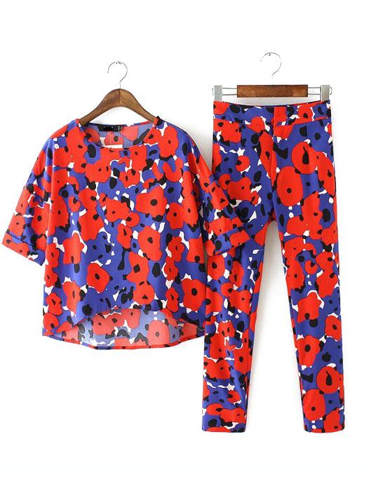 Romwe Dip Hem Flower Print Top With Slim Pant