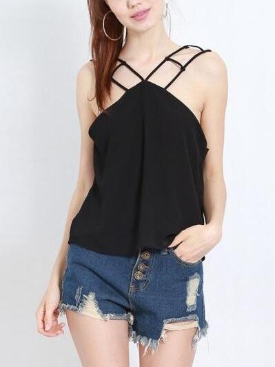 Romwe Black Ladder Cut Strap Chiffon Top