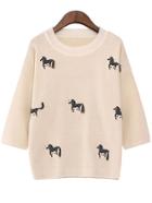 Romwe Horse Embroidered White Sweater