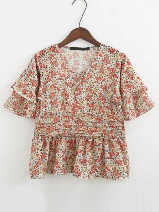 Romwe V-cut Layered Sleeve Criss Cross Front Top