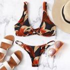 Romwe Leaf Print Top With Ruched Low Rise Bikini Set