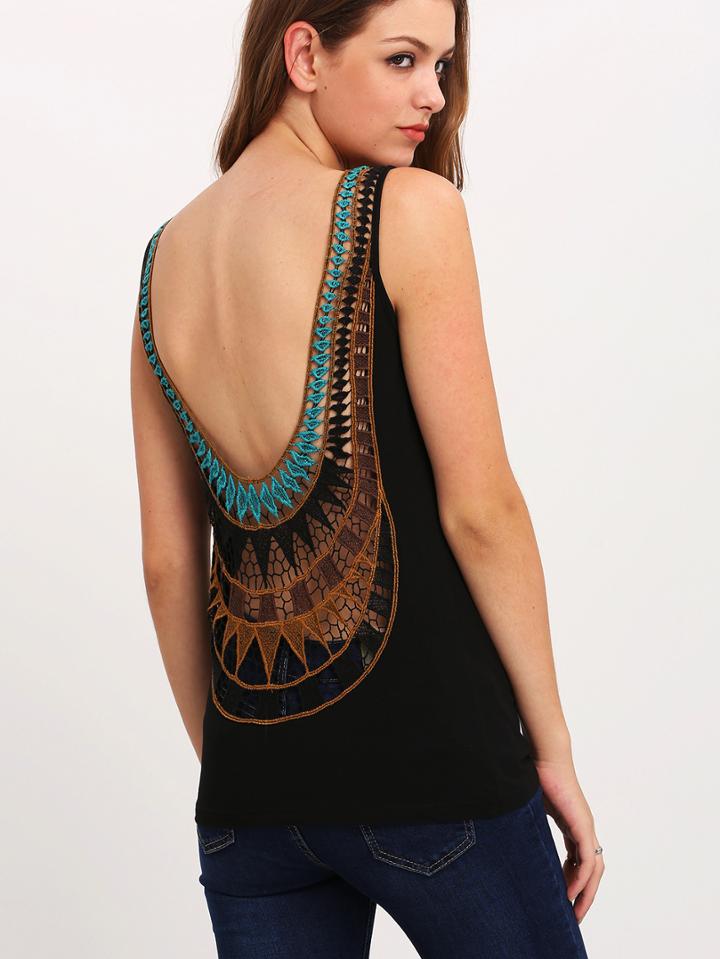 Romwe Black Embroidered U Back Tank Top