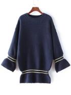 Romwe Bell Sleeve Striped Trim Ruffle Hem Navy Sweater Dress