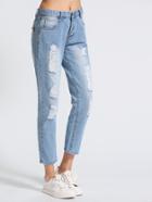 Romwe Blue Bleach Wash Ripped Cropped Jeans