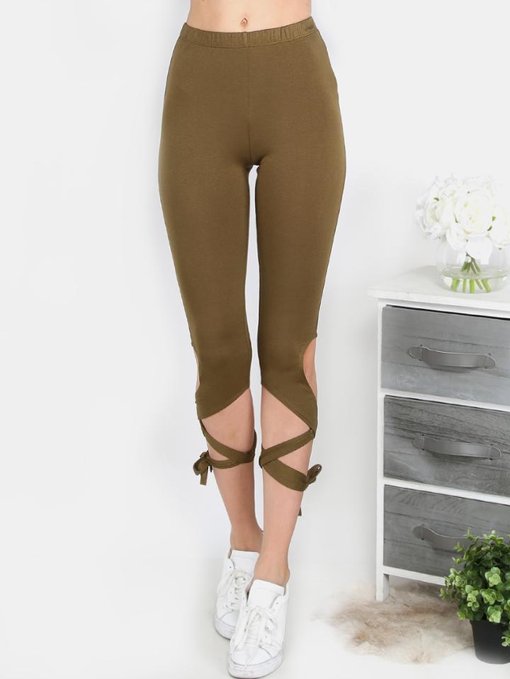 Romwe Lace Up Capri Leggings Olive