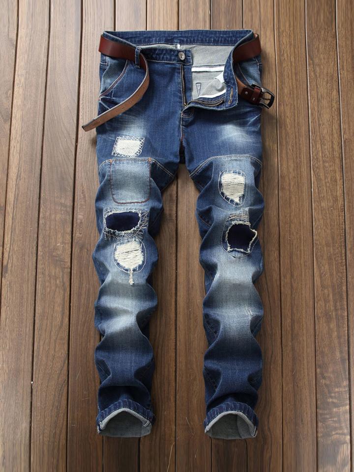 Romwe Men Ripped Stretch Slim Jeans Witih Patches