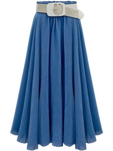 Romwe Blue Belted Flare Midi Skirt