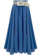 Romwe Blue Belted Flare Midi Skirt