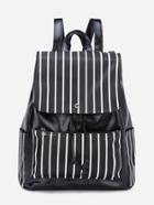 Romwe Faux Leather Stripes Drawstring Flap Backpack