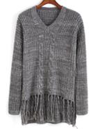 Romwe V Neck Cable Knit Tassel Sweater