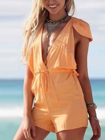 Romwe Deep V Drawstring Waist Drop Armhole Romper - Orange