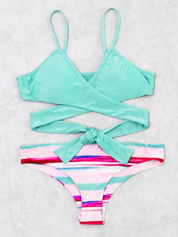 Romwe Block Striped Mix & Match Wrap Bikini Set