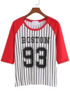 Romwe Vertical Striped Letter Print Red T-shirt