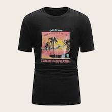 Romwe Guys Coconut Trees & Letter Print Tee