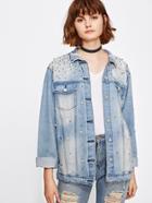 Romwe Pearl Beading Bleached Boyfriend Denim Jacket