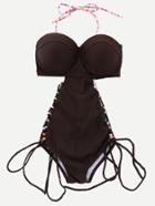 Romwe Browm Lace Up Cut Out One Piece Swimwear