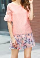 Romwe Bell Sleeve Slim Top With Floral Skirt