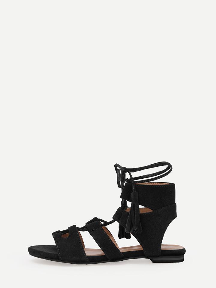 Romwe Black Faux Suede Caged Lace-up Flat Sandals