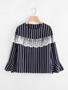 Romwe Embroidery Lace Layered Vertical Striped Top