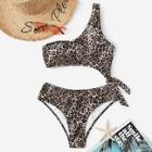 Romwe Leopard Cut-out Side One Shoulder One Piece Swim