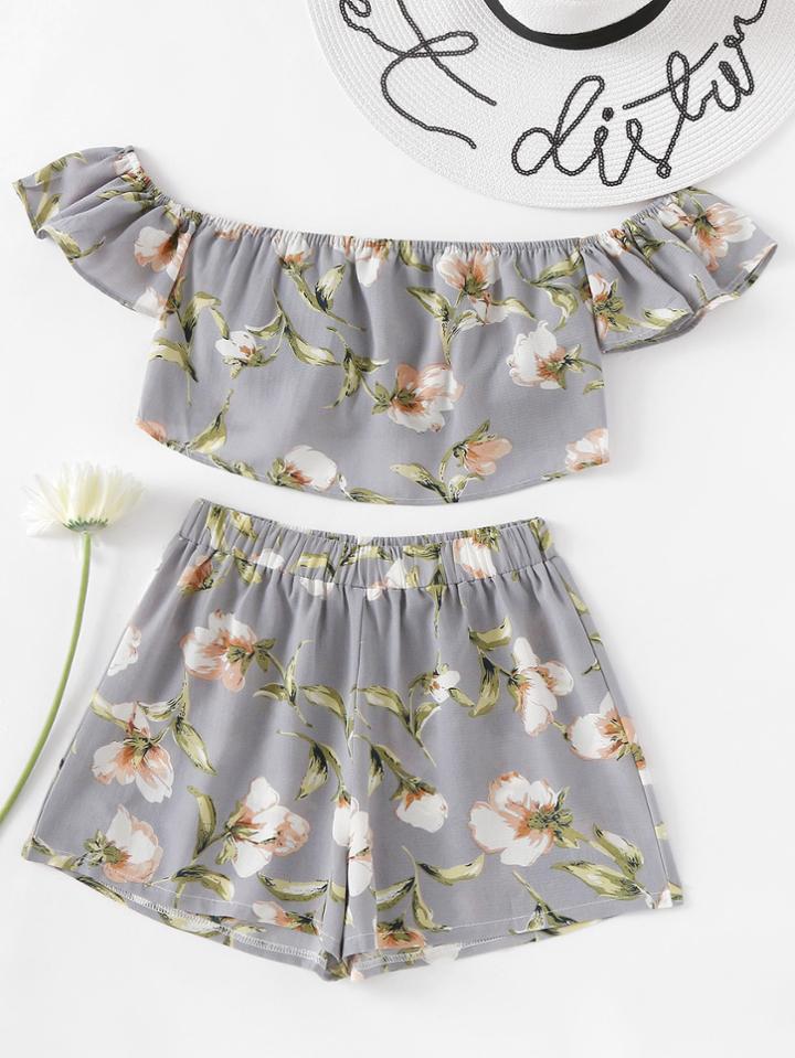 Romwe Botanical Print Bardot Crop Top With Shorts