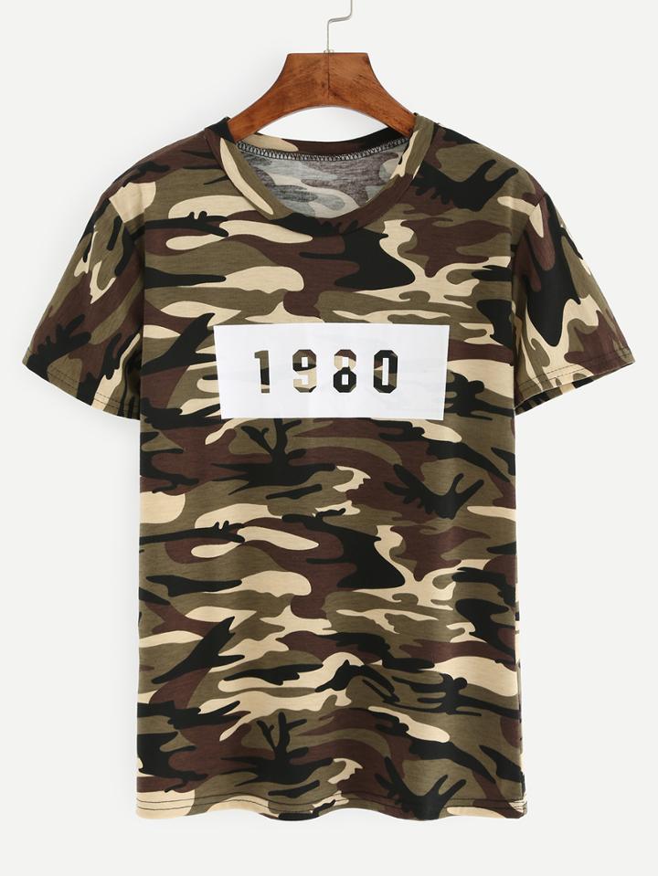 Romwe Number Print Camouflage T-shirt - Olive Green