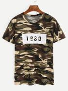 Romwe Number Print Camouflage T-shirt - Olive Green