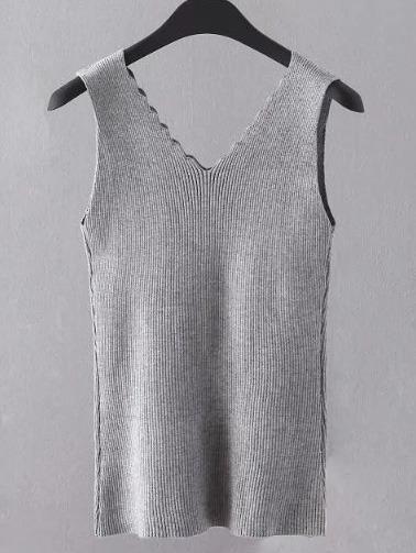 Romwe Grey Scallop Neck Knit Tank Top