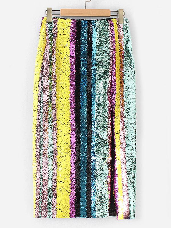 Romwe Side Slit Striped Sequin Skirt