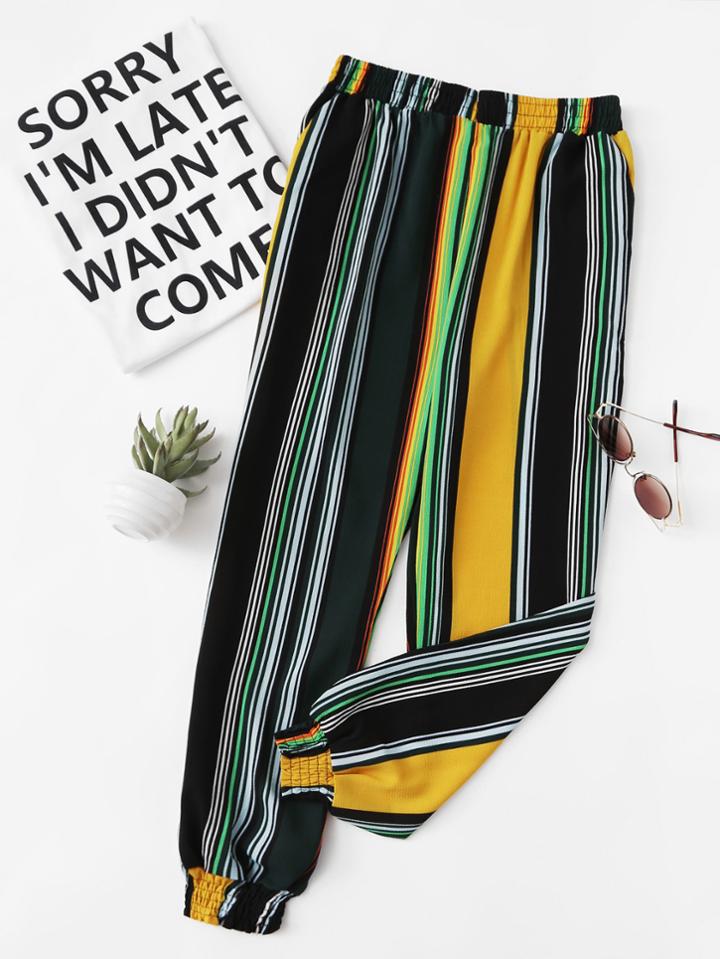 Romwe Elastic Waist Striped Pants