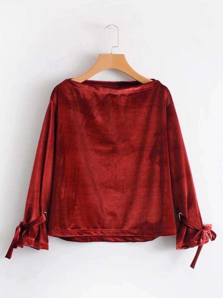 Romwe Tied Cuff Velvet Blouse