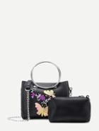 Romwe Butterfly Embroidery Pu Cross Body Bag With Clutch