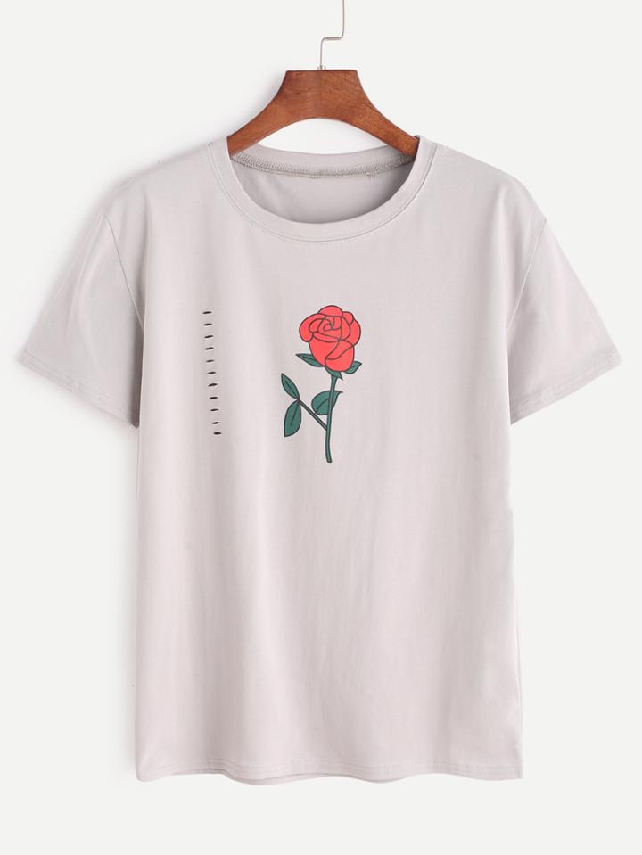Romwe Rose Print Ripped Tee